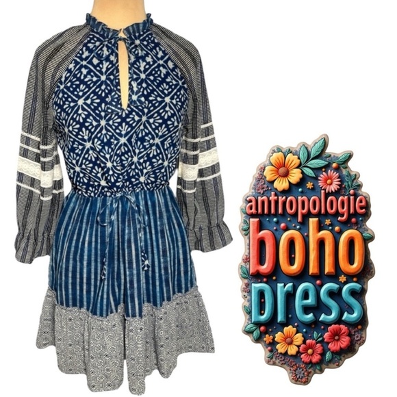 Anthropologie blue white boho Susan Tunic Dress by
Hemant & Nandita Size Small - Picture 1 of 15